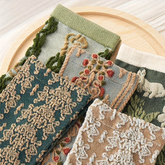 5 Pairs 3D Floral Textured Retro Style Mid Tube Socks Women's St