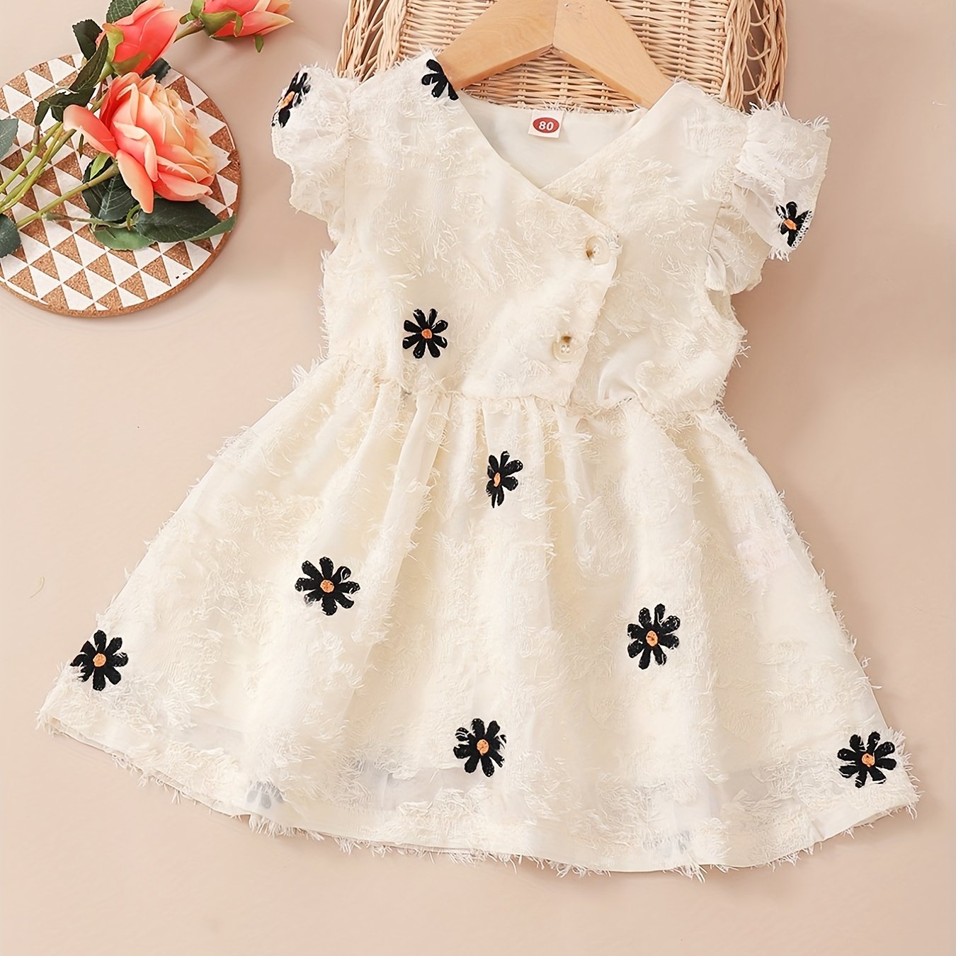 Baby Girls Floral Embroidery Ruffle Sleeve V neck Dress Clothes