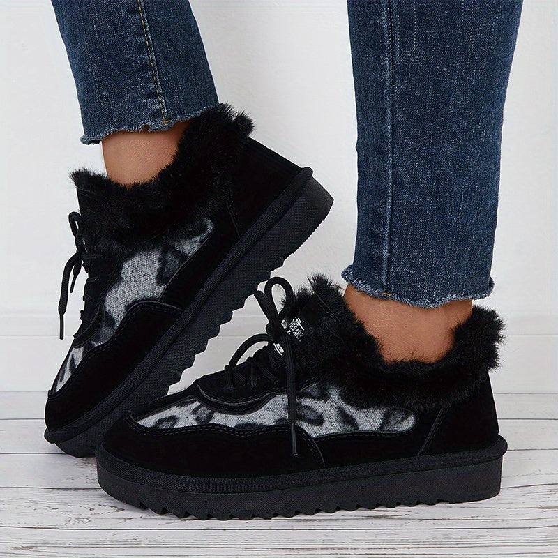 Women's Leopard Print Snow Boots Plush Lined Ankle Winter Shoes