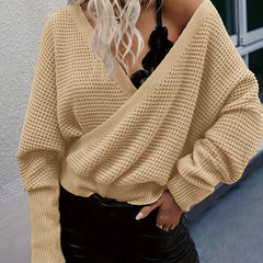 Solid Bat Sleeve Surplice Neck Jumper