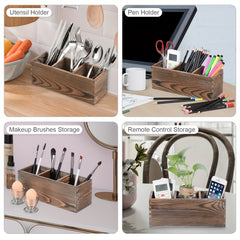 Wooden Cutlery Box with 3 Grids for Utensil Organization