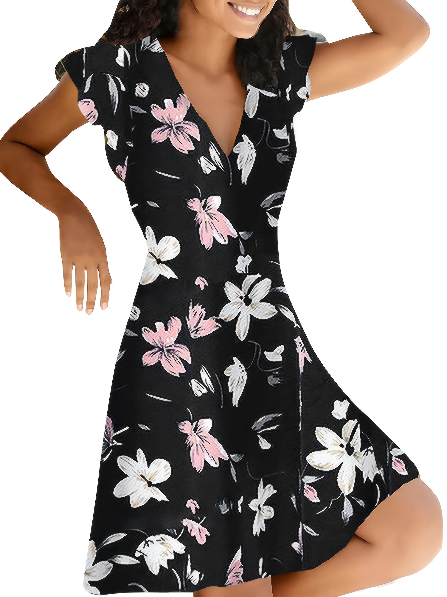 Floral Print V Neck Slim Dress Short Sleeve Casual Dress For Fall & Spring