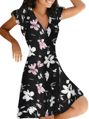Floral Print V Neck Slim Dress Short Sleeve Casual Dress For Fall & Spring