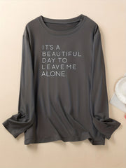 Women's Slogan Print Pajama Top Long Sleeve Round Neck Loungewear