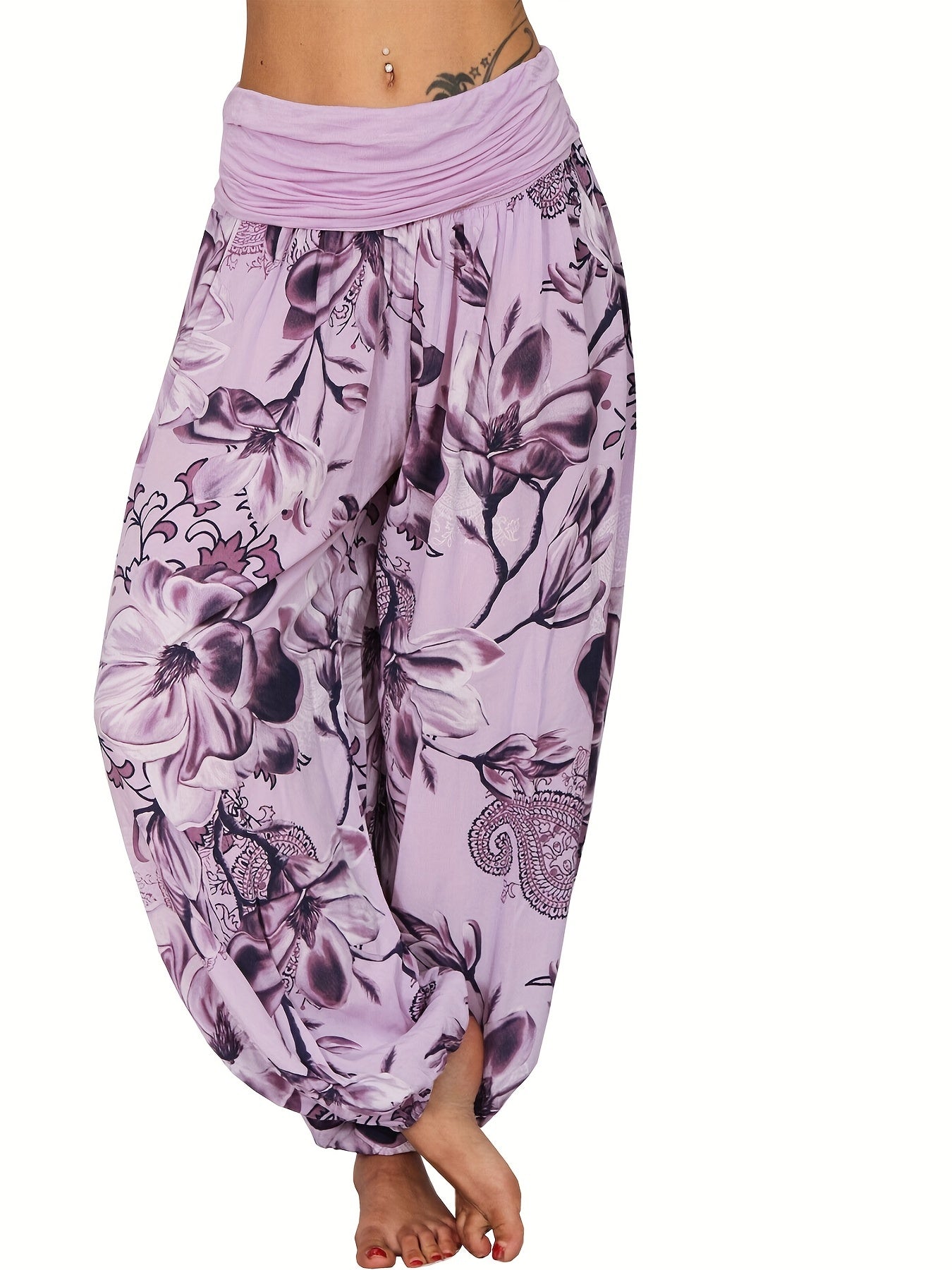 Boho Floral Print Pants Elastic Waist Vacation Harem Pants