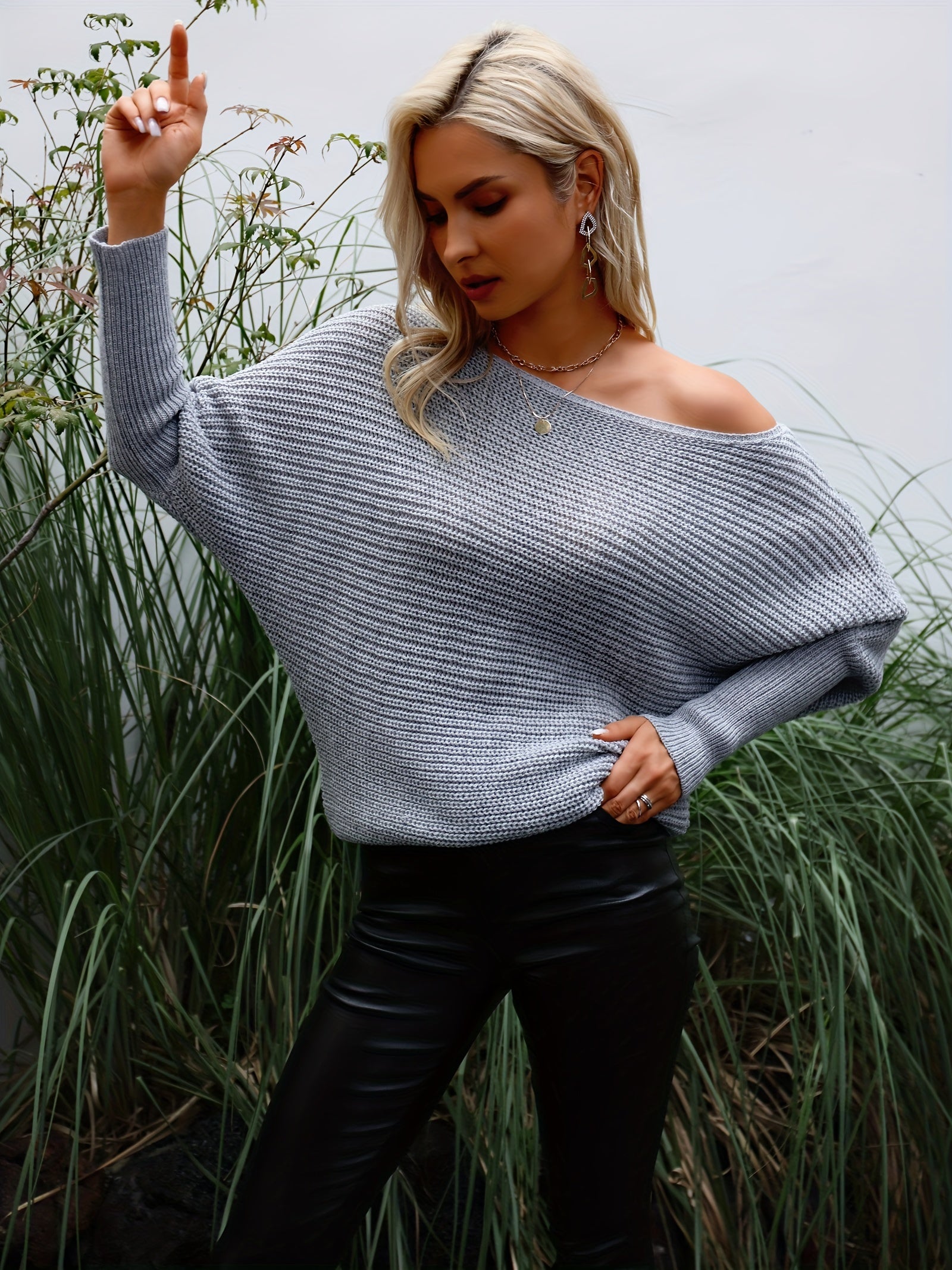 Solid Boat Neck Knit Sweater Casual Long Sleeve Versatile Sweater