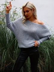 Solid Boat Neck Knit Sweater Casual Long Sleeve Versatile Sweater