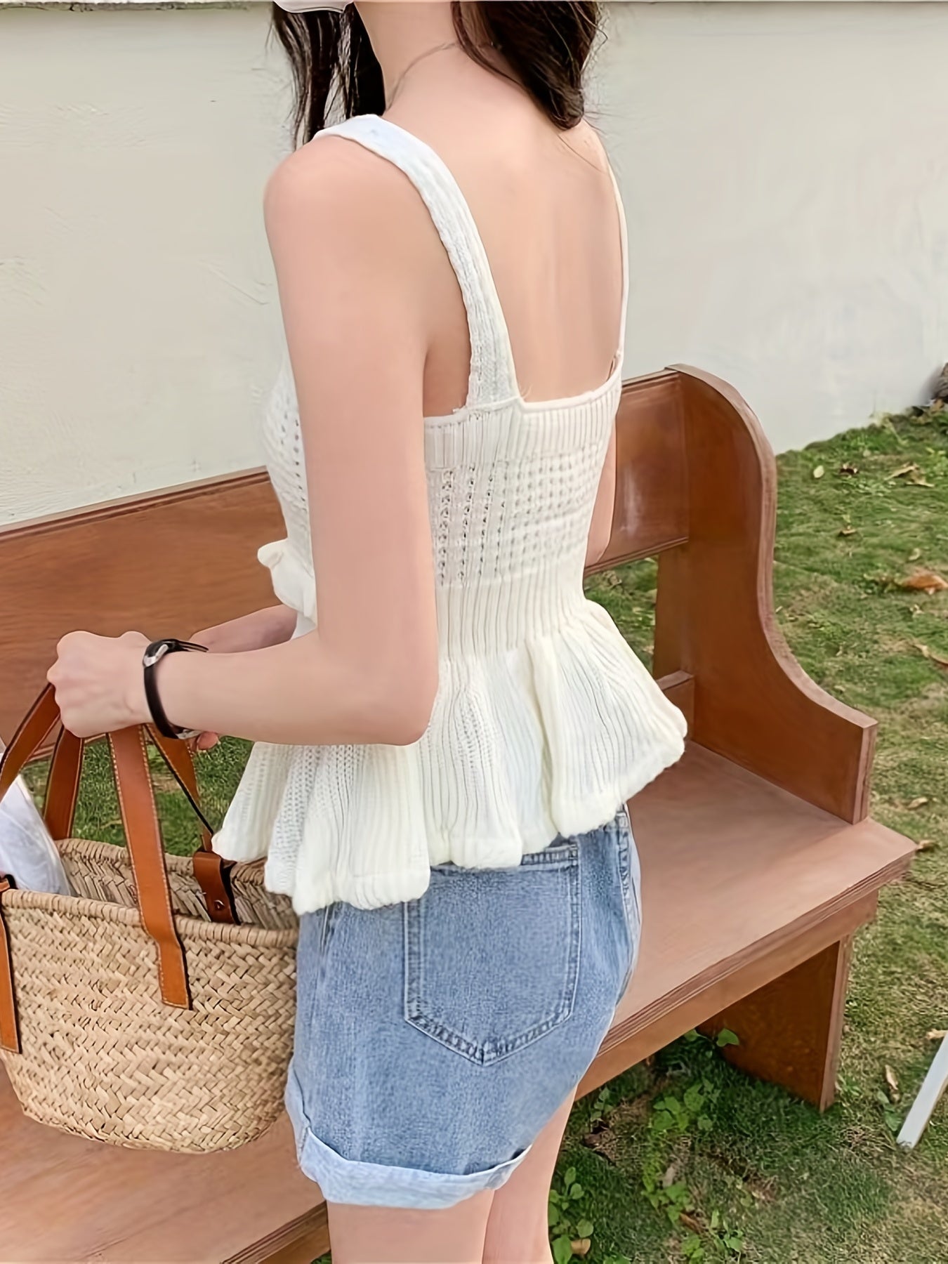 Ruffle Trim Tank Top Sleeveless Solid Summer Sexy Top