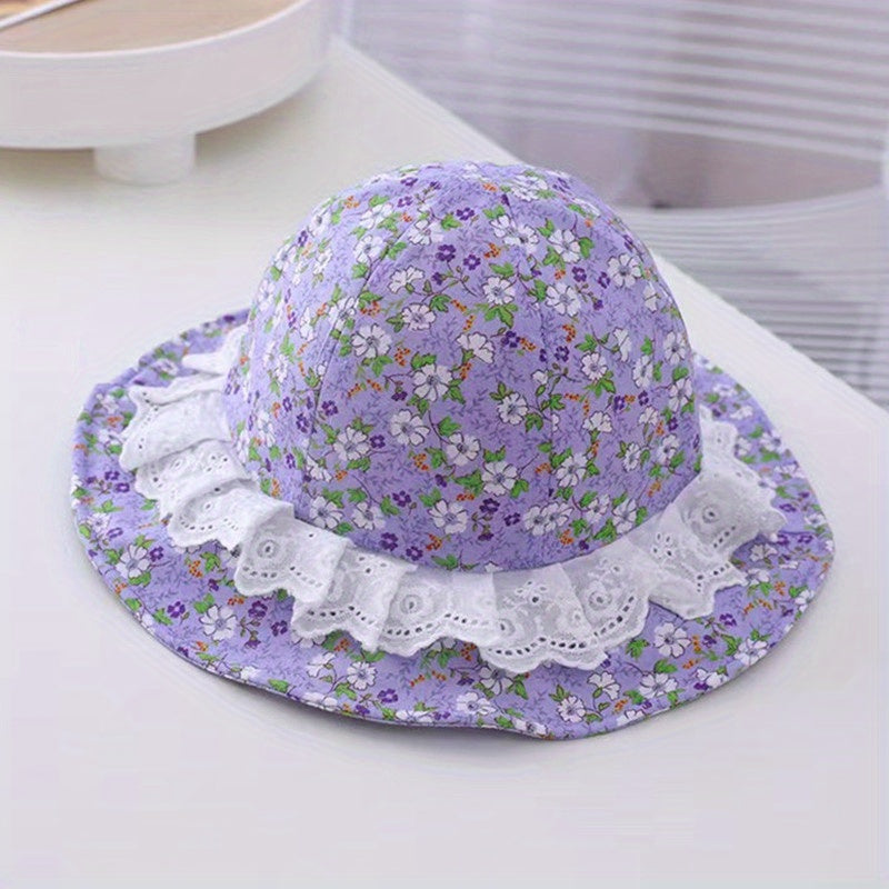 Kids Floral Lace Trim Bucket Hat With Windproof Rope