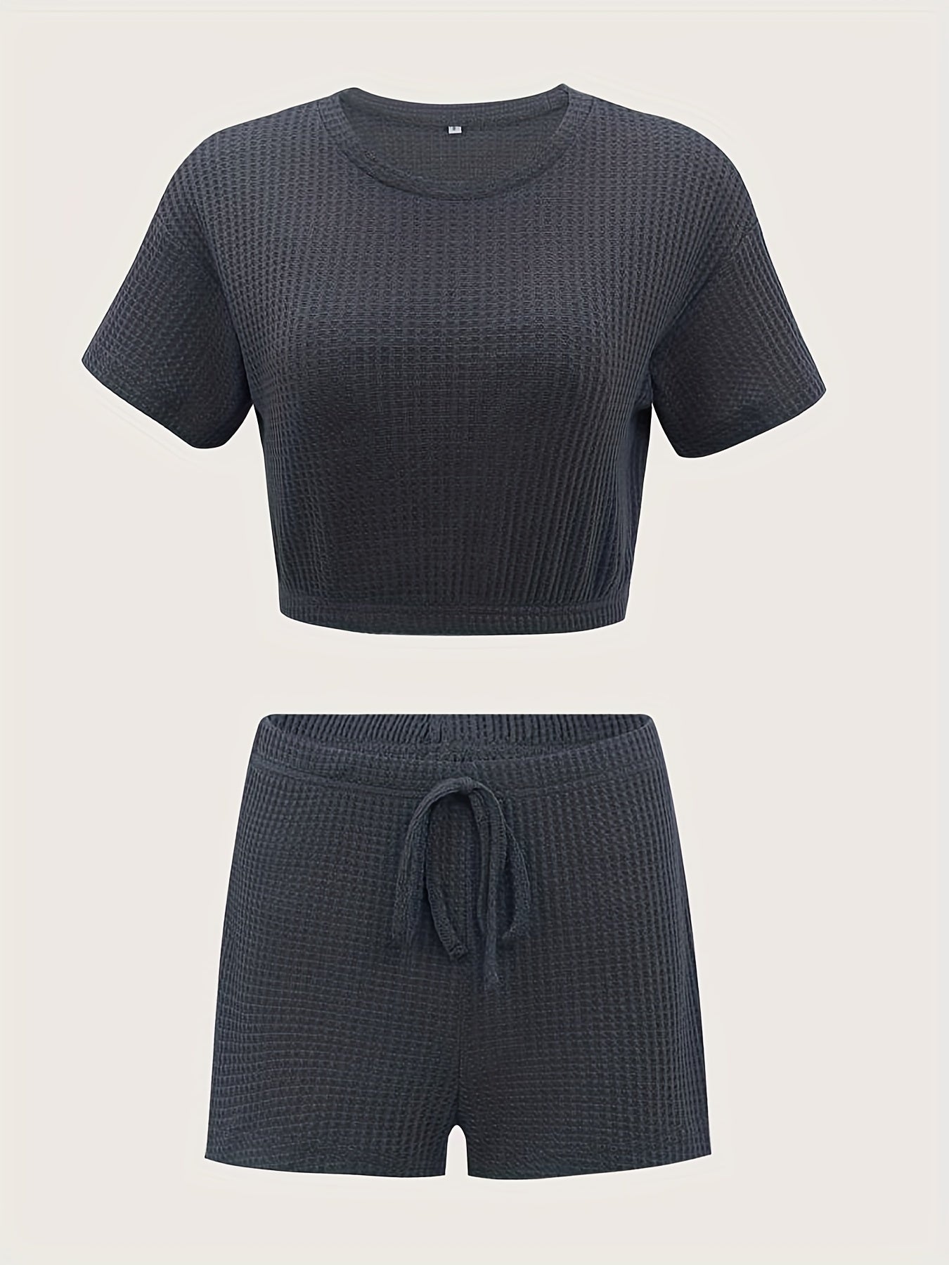 Waffle Casual Two piece Set Short Sleeve Crop Top & Drawstring Shorts