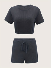 Waffle Casual Two piece Set Short Sleeve Crop Top & Drawstring Shorts
