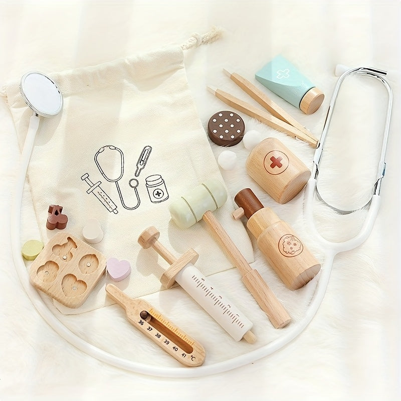 Kids Wooden Doctor & Nurse Role Play Set with Stethoscope Bag Syringe Toy