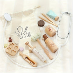 Kids Wooden Doctor & Nurse Role Play Set with Stethoscope Bag Syringe Toy