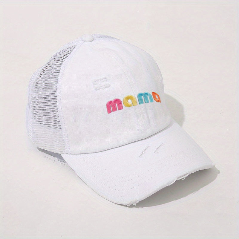 MAMA Embroidery Ponytail Baseball Cap Ripped Washed Distressed Sun Hat