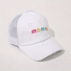 MAMA Embroidery Ponytail Baseball Cap Ripped Washed Distressed Sun Hat