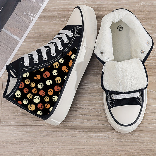 Skull Print Plush Lined Thermal Canvas Sneakers