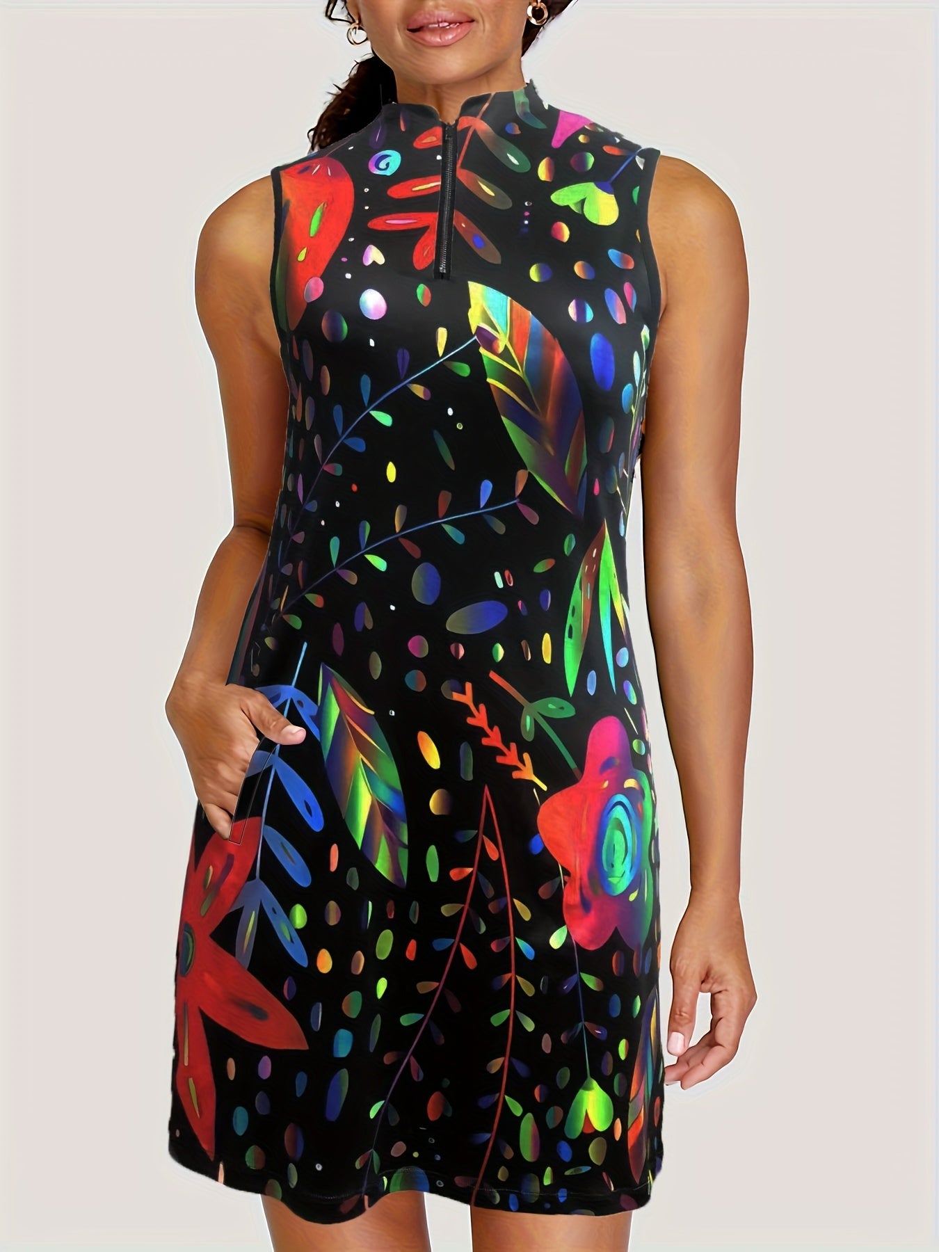 Floral Print Zip Up Stretch Tank Dress w/ Pockets - Plus Size