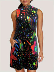 Floral Print Zip Up Stretch Tank Dress w/ Pockets - Plus Size
