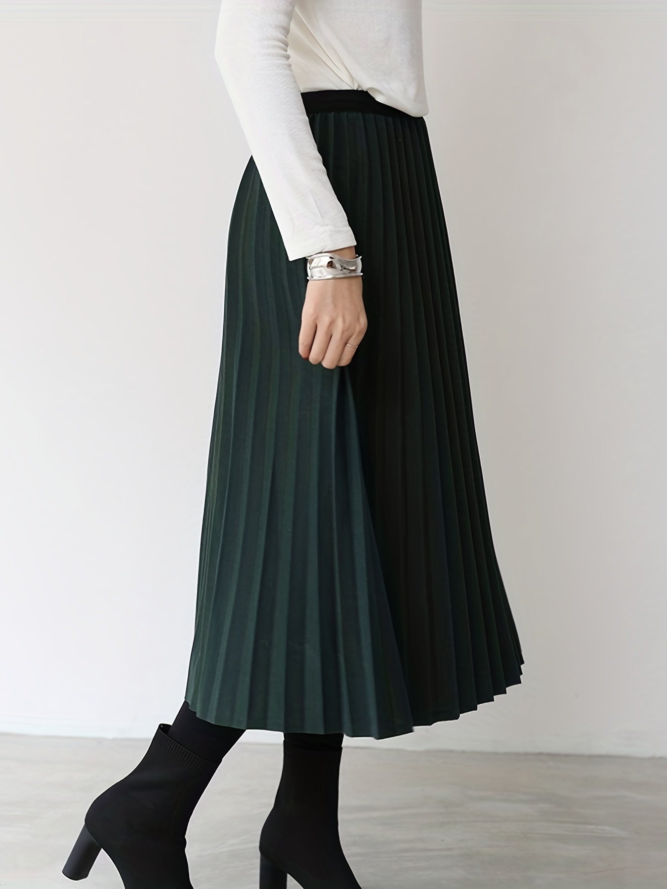 Elastic Waist Pleated Midi Skirt for Women