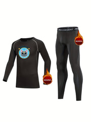 2pcs Kids Compression Fleece Sets Cat Pattern Crew Neck Pullover Pants
