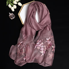 Embroidered Flower Silk Scarf Shawl for Women