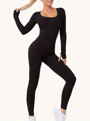 Solid Yoga Jumpsuit Ribbed Long Sleeve Square Neck Bodysuit