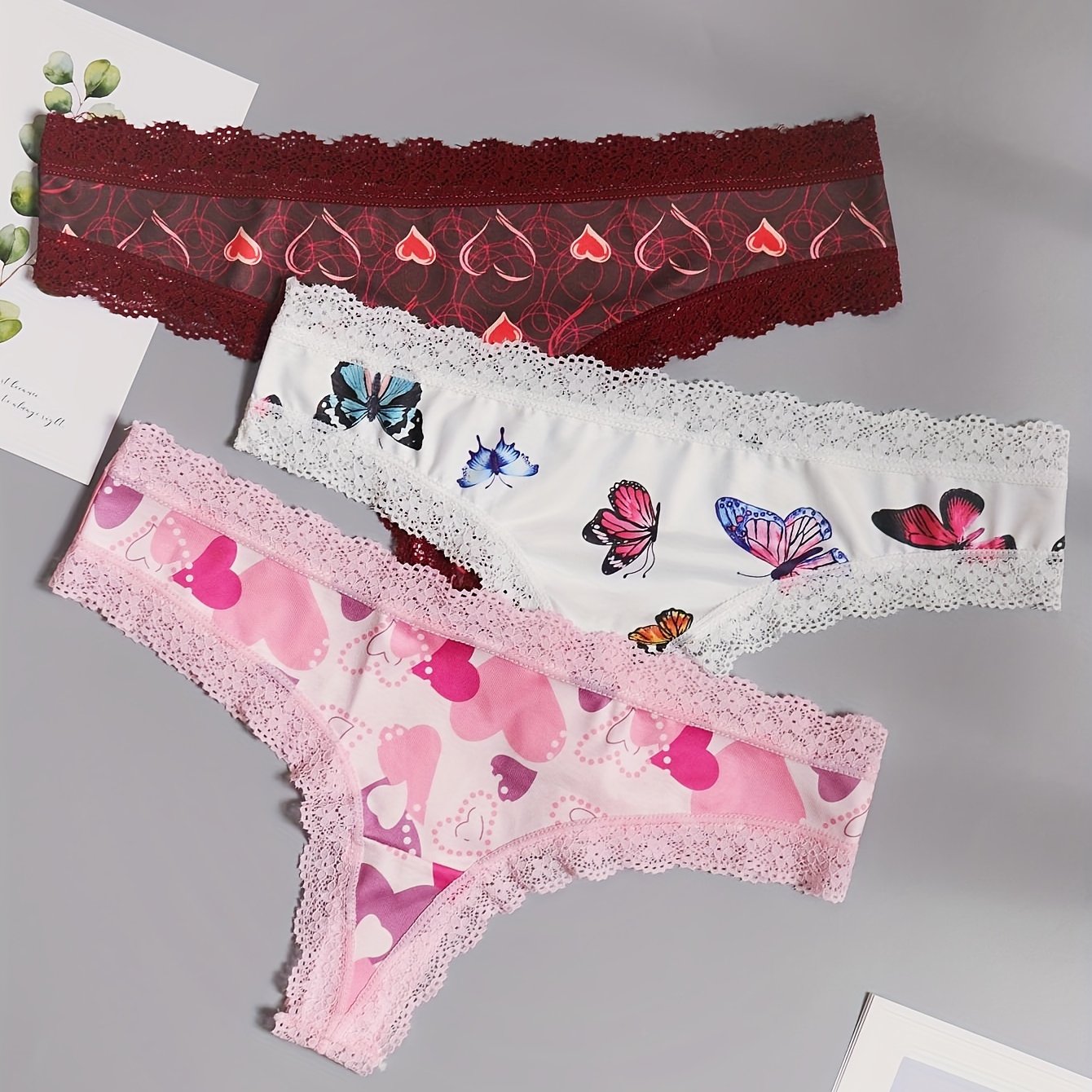 3 Pack Plus Size Butterfly & Heart Print Tanga Panty Set