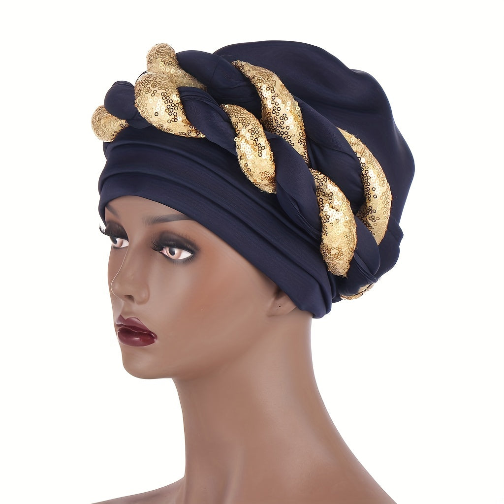 Sequins Braided Twist Turban Block Beanie Head Scarf Ramadan Head Wrap