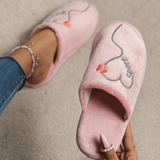 Women's Pink Love Plush Slippers Warm Fuzzy Home Shoes
