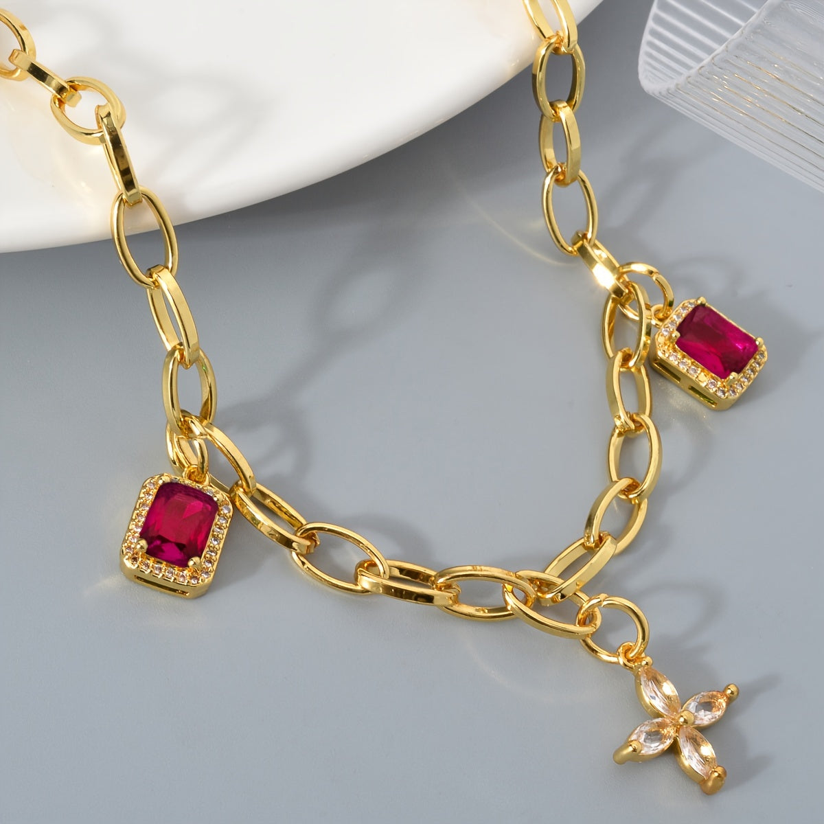 Adjustable Copper Necklace with Four Leaf Clover & Red Cubic Zirconia Pendant