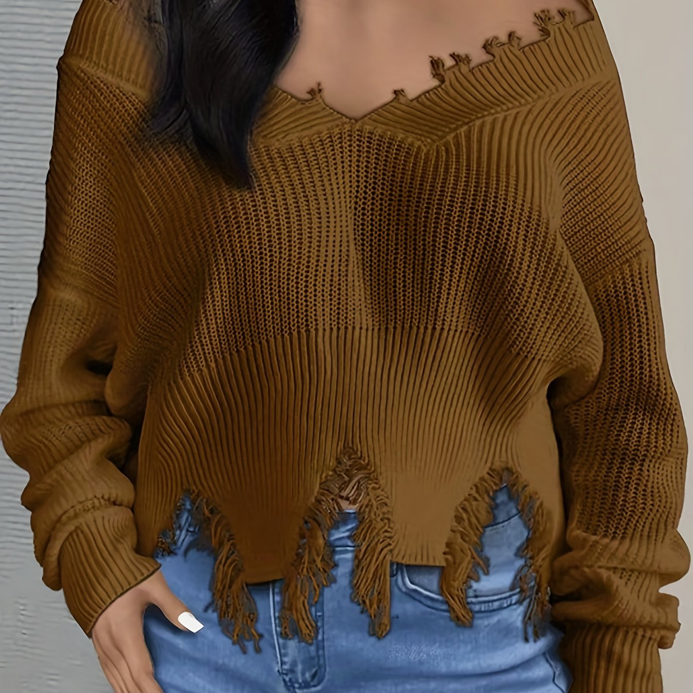 V Neck Tassel Sweater Long Sleeve Crop Sweater