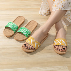 Women's Flat Linen Slides Breathable Open Toe Slip On Shoes
