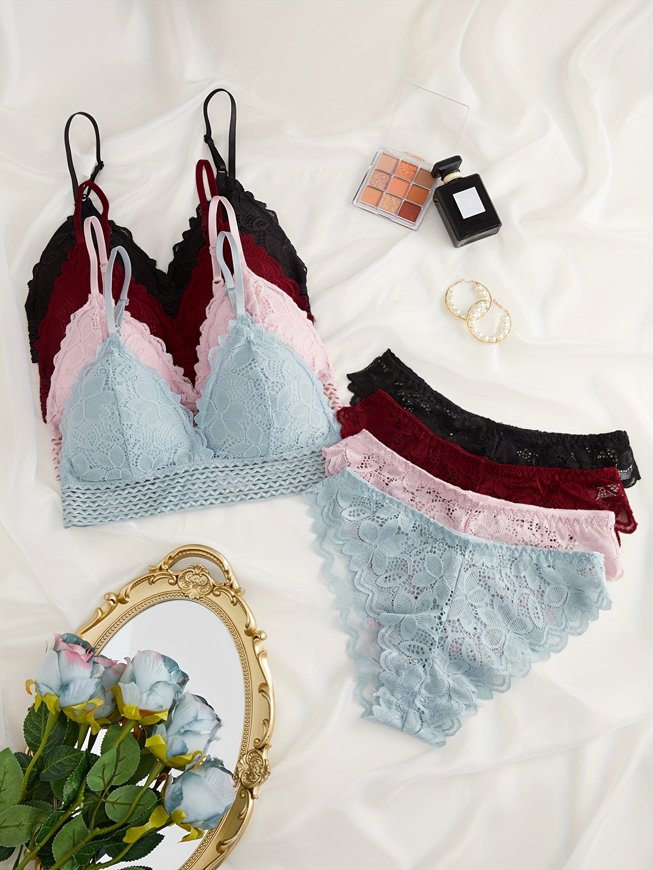 4 Sets Lace Bra & Panties Lingerie - Contrast Design