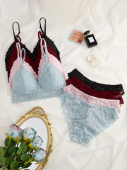4 Sets Lace Bra & Panties Lingerie - Contrast Design