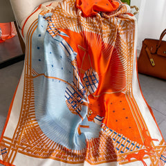 Geometric Horse Print Long Scarf Classic Silk Shawl Vintage