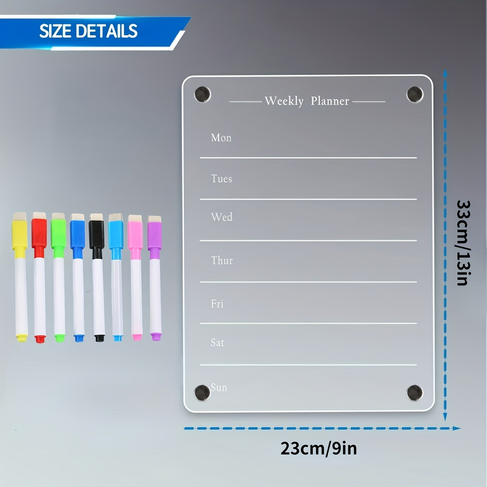 Weekly Meal Planner Magnetic Acrylic Board for Fridge - Includes 8 Colors