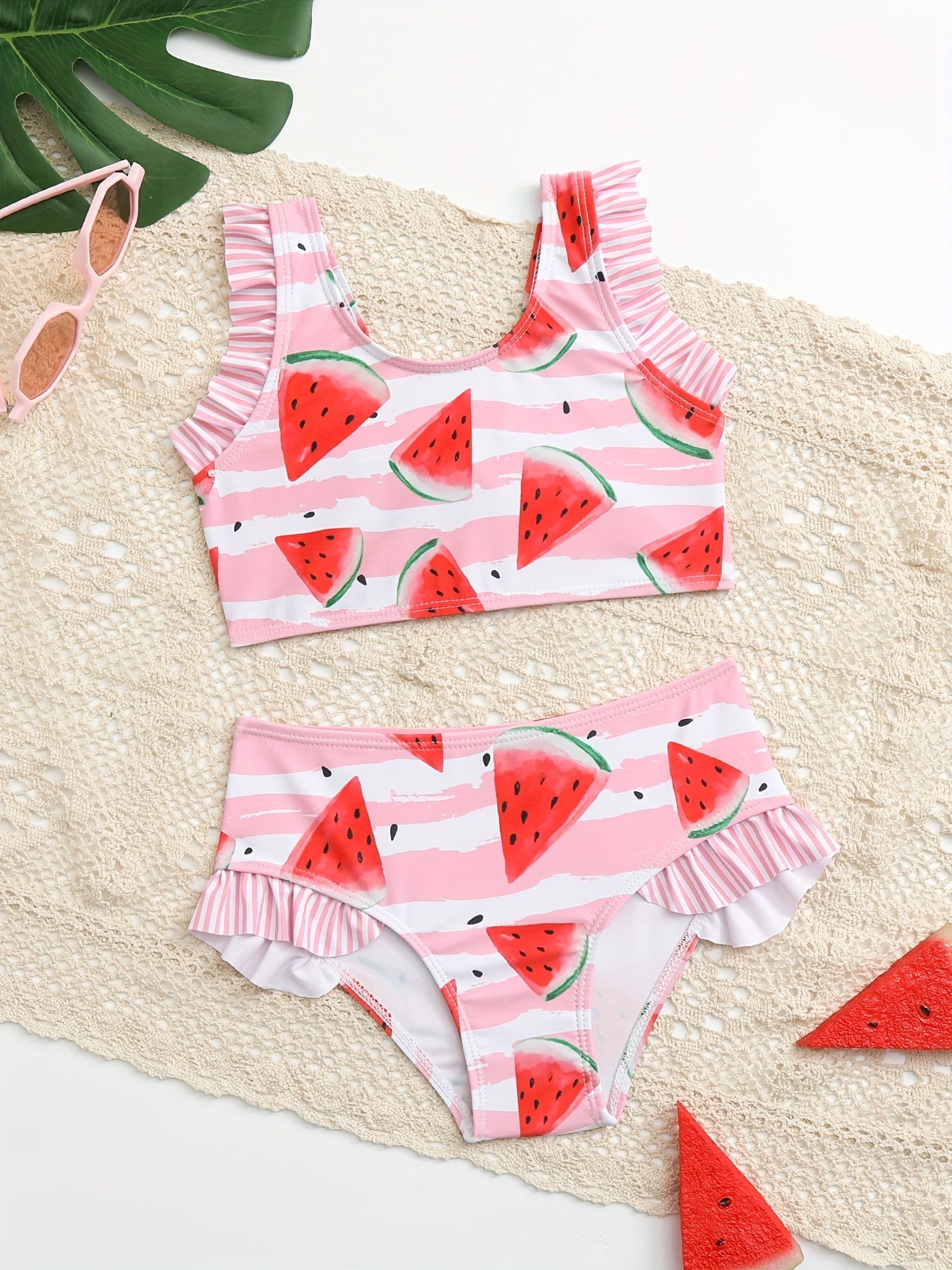 Toddler Girls Watermelon & Stripe Ruffle Bikini Tankini Swimsuit