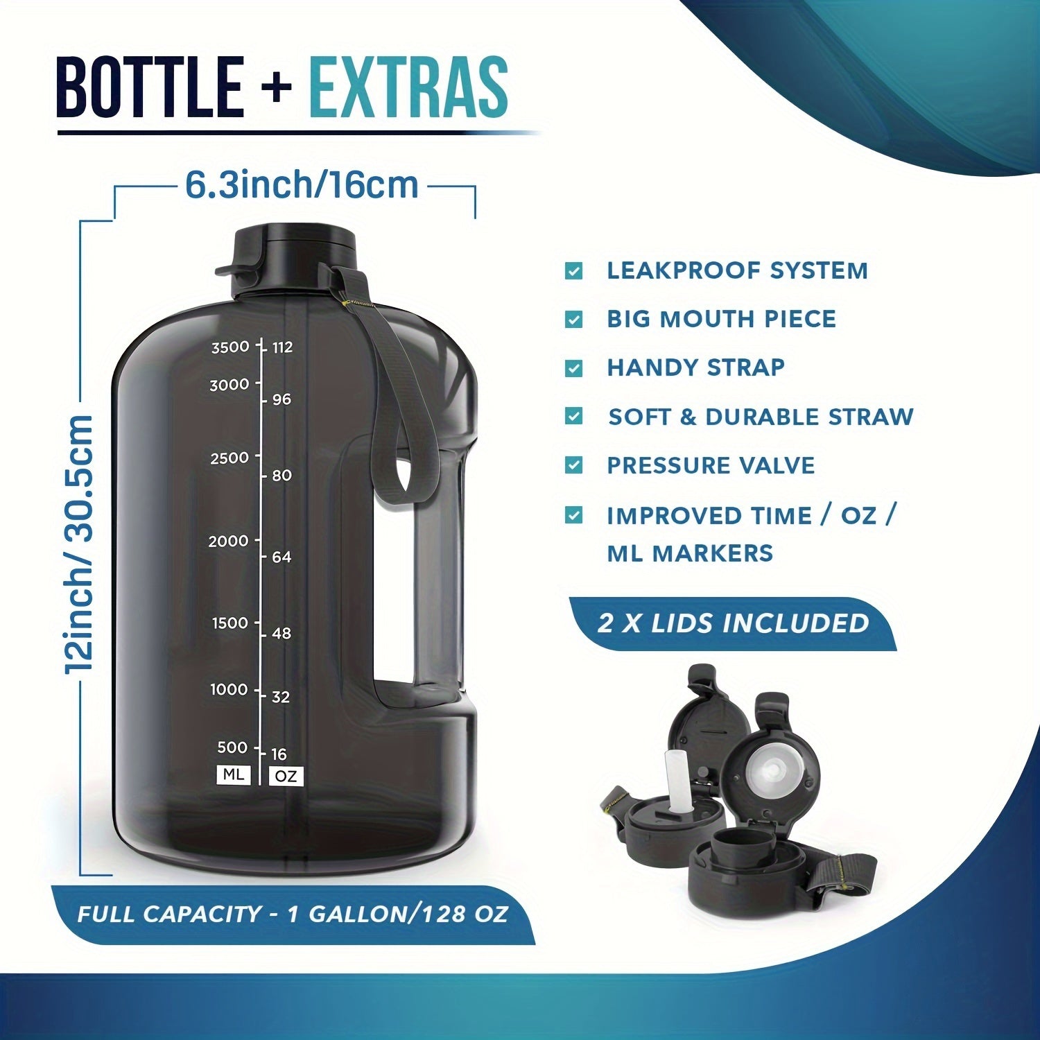 128oz Water Bottle With Time Marker & Straw - Leakproof