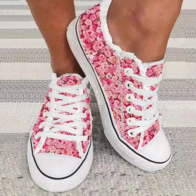 Floral Print Canvas Lace Up Sneakers Comfortable Low Top Shoes