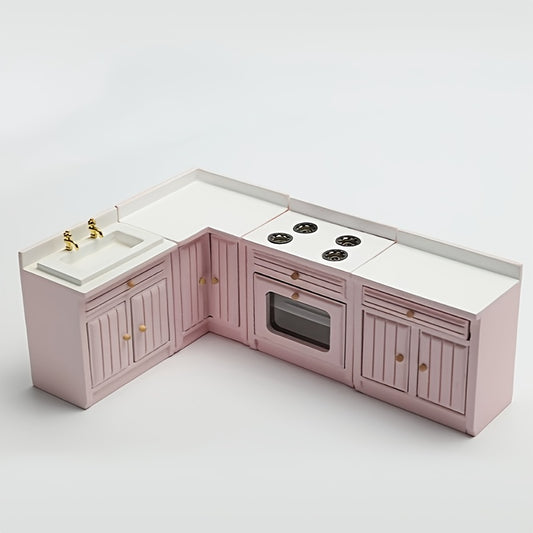 1:12 Scale Kitchen Set 4pcs Wooden Cabinets Sink Countertop Oven & Stove