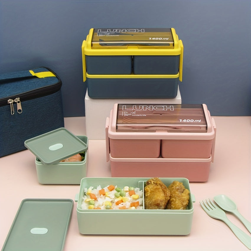 1pc 2-Tier Lunch Box with Cutlery Set Leak Proof Bento Box
