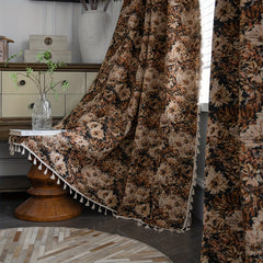 Rustic Coffee Flowers Curtain with Tassels