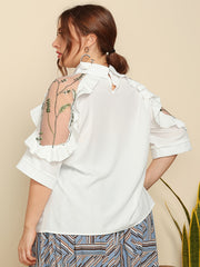 Contrast Mesh Ruffle Trim Blouse Plus 3/4 Sleeve