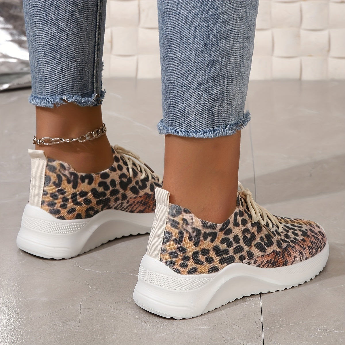 Leopard Print Sock Sneakers Knitted Running Shoes Low Top Sports Shoes