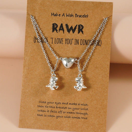 Couple Magnet Heart Dinosaur Pendant Necklaces for Friendship