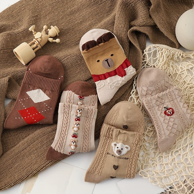 5 Pairs Textured Bear & Geometric Pattern Socks Women's Stockings