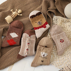5 Pairs Textured Bear & Geometric Pattern Socks Women's Stockings