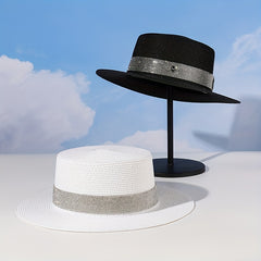 Rhinestone Strap Sun Hat M Label Decor Straw Jazz Hat Flat Top Fedora Cap