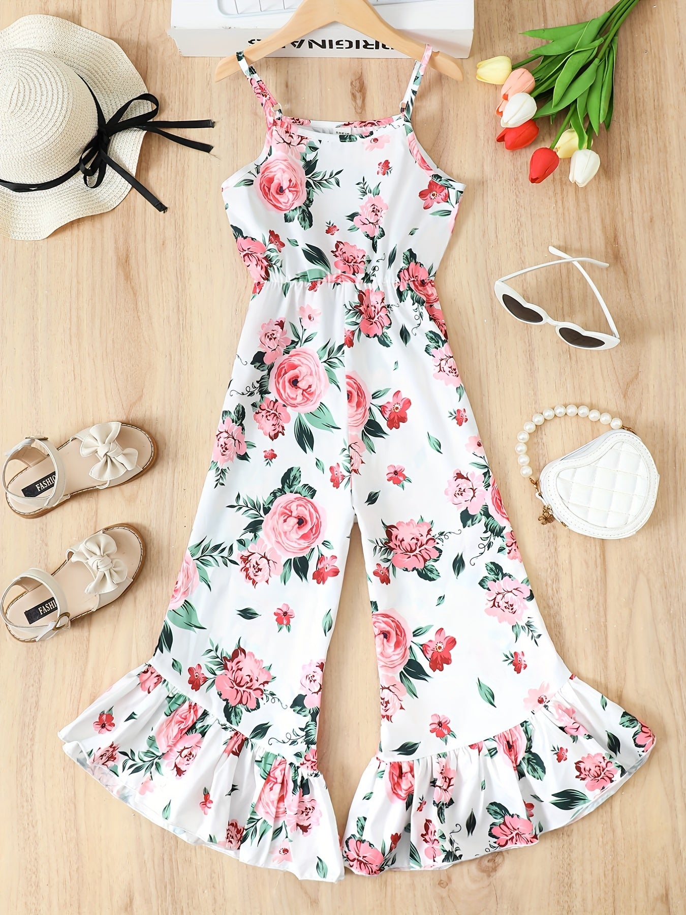 Girls Flower Pattern Jumpsuit Sleeveless Romper Ruffle Bottom Kids Clothes