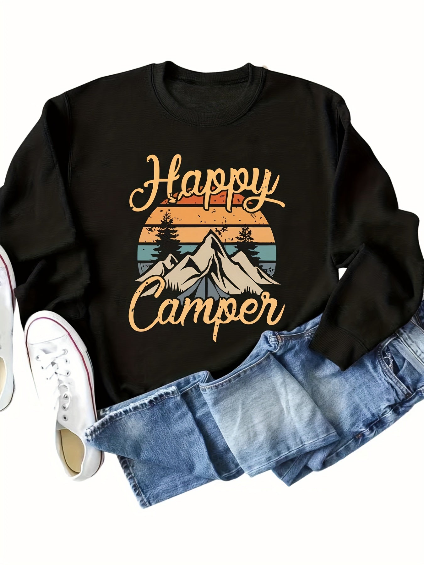 Mountain & Letter Print Pullover Sweatshirt Long Sleeve Crew Neck Sweatsh